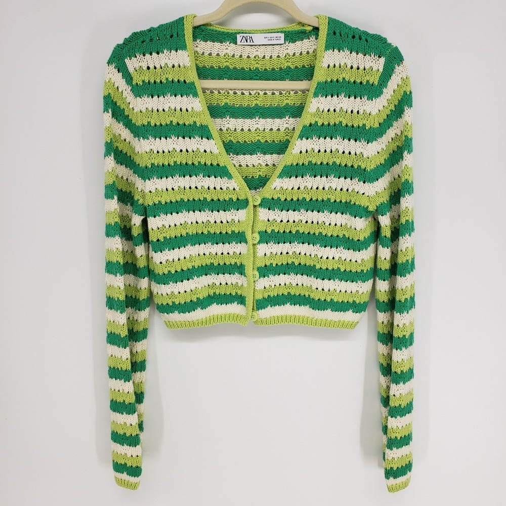 Zara Striped Cropped Cardigan Sweater Womens Small Green Crochet Pointelle Knit
